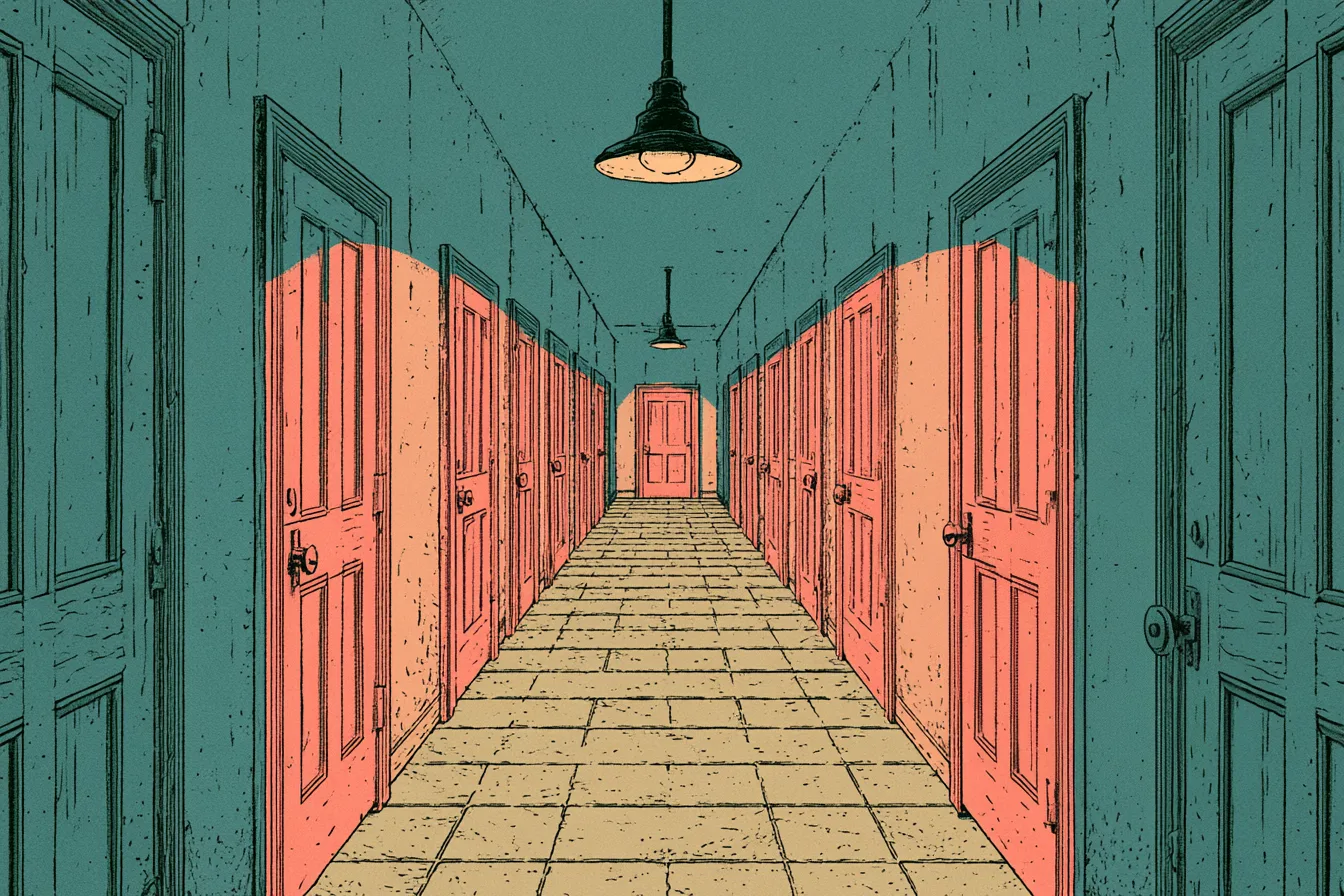 A long corridor of identical closed wooden doors receding toward a single door at the far end, lit by hanging lamps