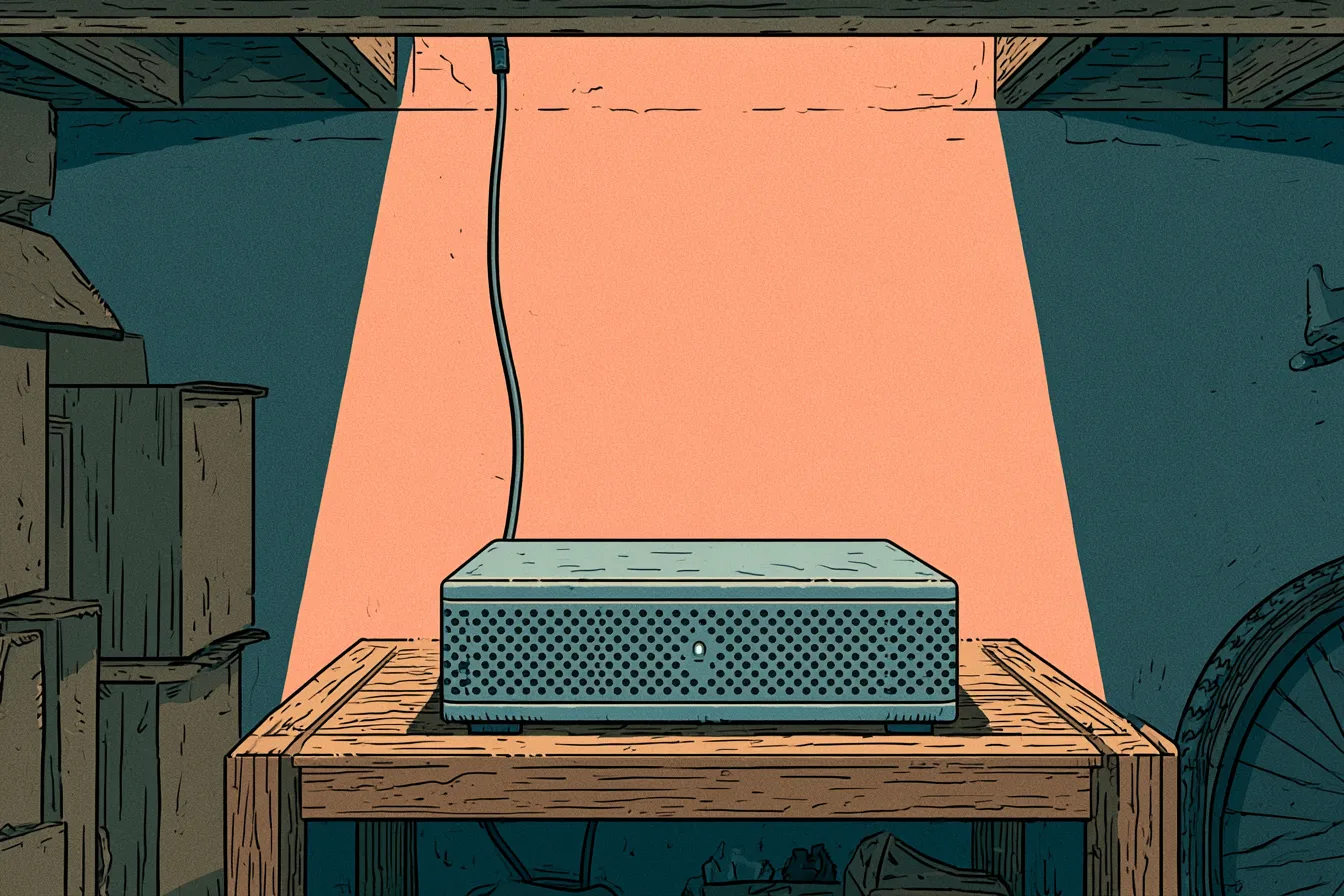 A small server on a basement shelf, a single cable running up through the ceiling toward the lit room above