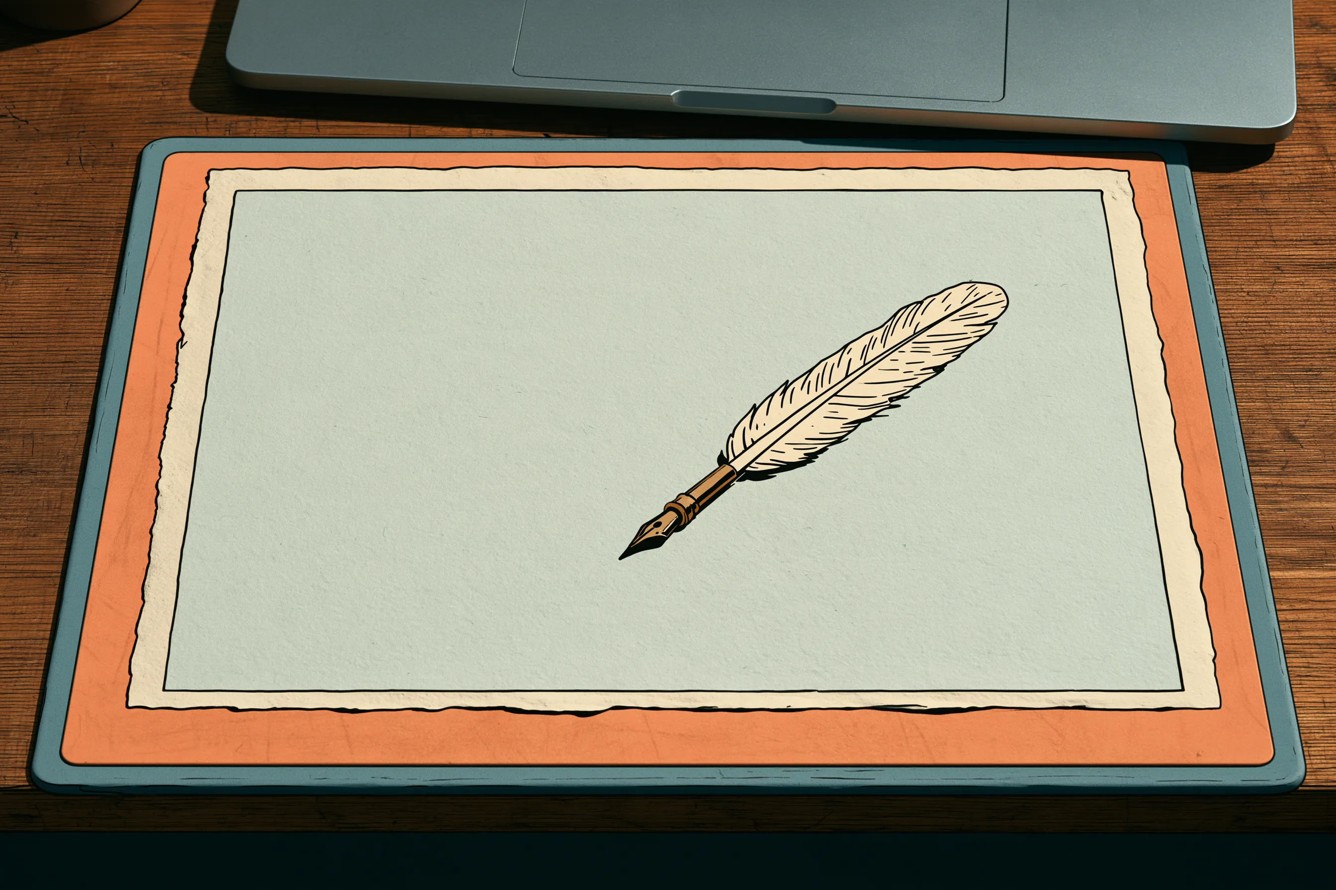A quill pen resting on a blank bordered sheet of paper on a wooden desk, a closed laptop pushed away behind it