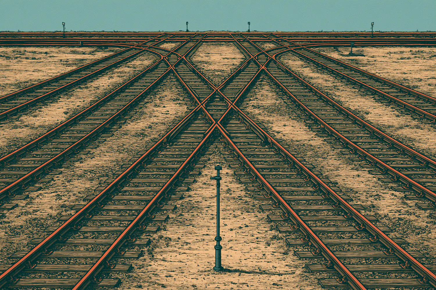 A railway junction seen from above, several tracks diverging across gravel ballast, with a single tall switch lever standing alone in the foreground