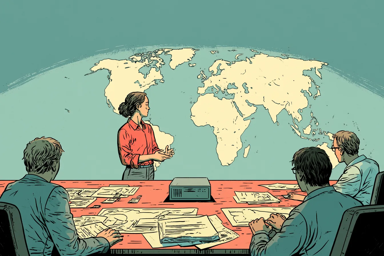 A meeting room table strewn with papers, a small grey server box sitting alone in the middle of it, with a borderless world map on the wall behind and colleagues seated on either side
