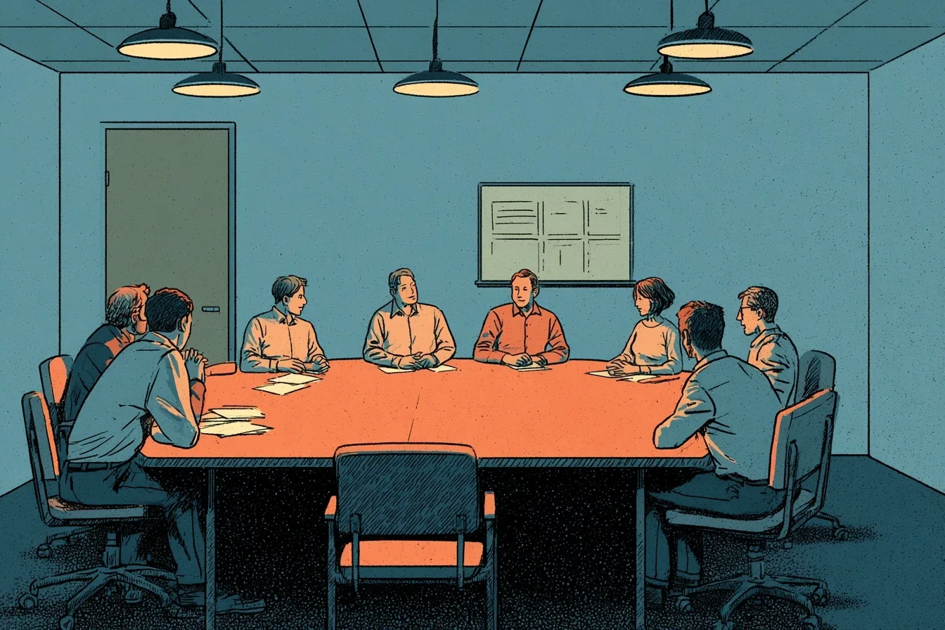 A meeting room where eight colleagues sit talking around a table, with one empty chair pulled back from the table in the foreground
